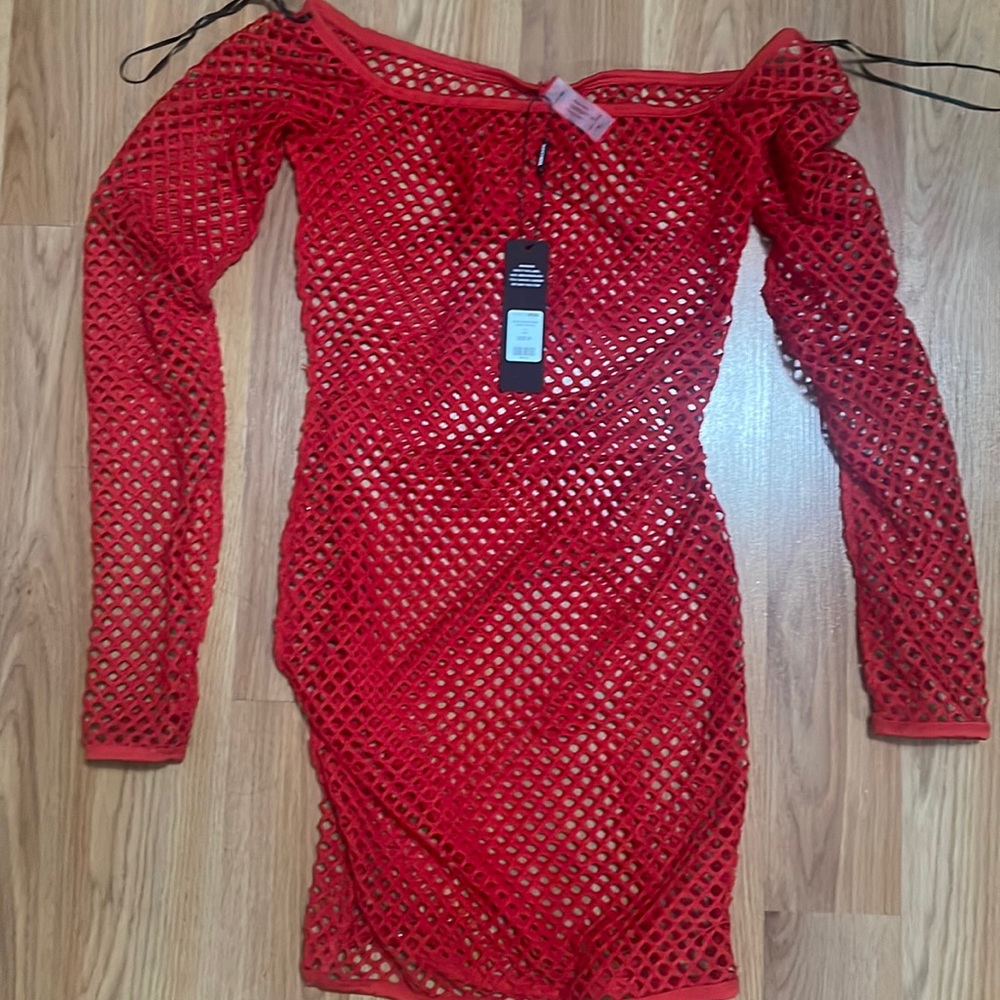Red Fashion Nova Fish Net Swim Suit cover up size M. New with tag